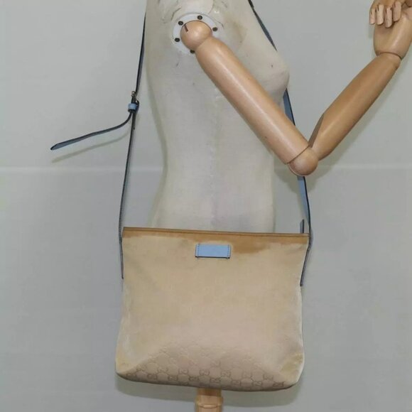 GUCCI GG Canvas Shoulder Bag Nylon Beige Light Blue Silver - Picture 1 of 16